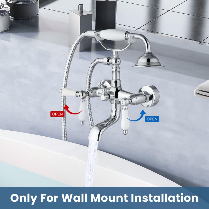 Airuida Wall Mount Bathtub Shower Faucet Kit with Telephone Shaped Handheld Sprayer Double Hot and Cold Water Mixer Tap Wall Mounted Tub Filler Set Vintage Style Lever Handles Chrome Polish - Image 3
